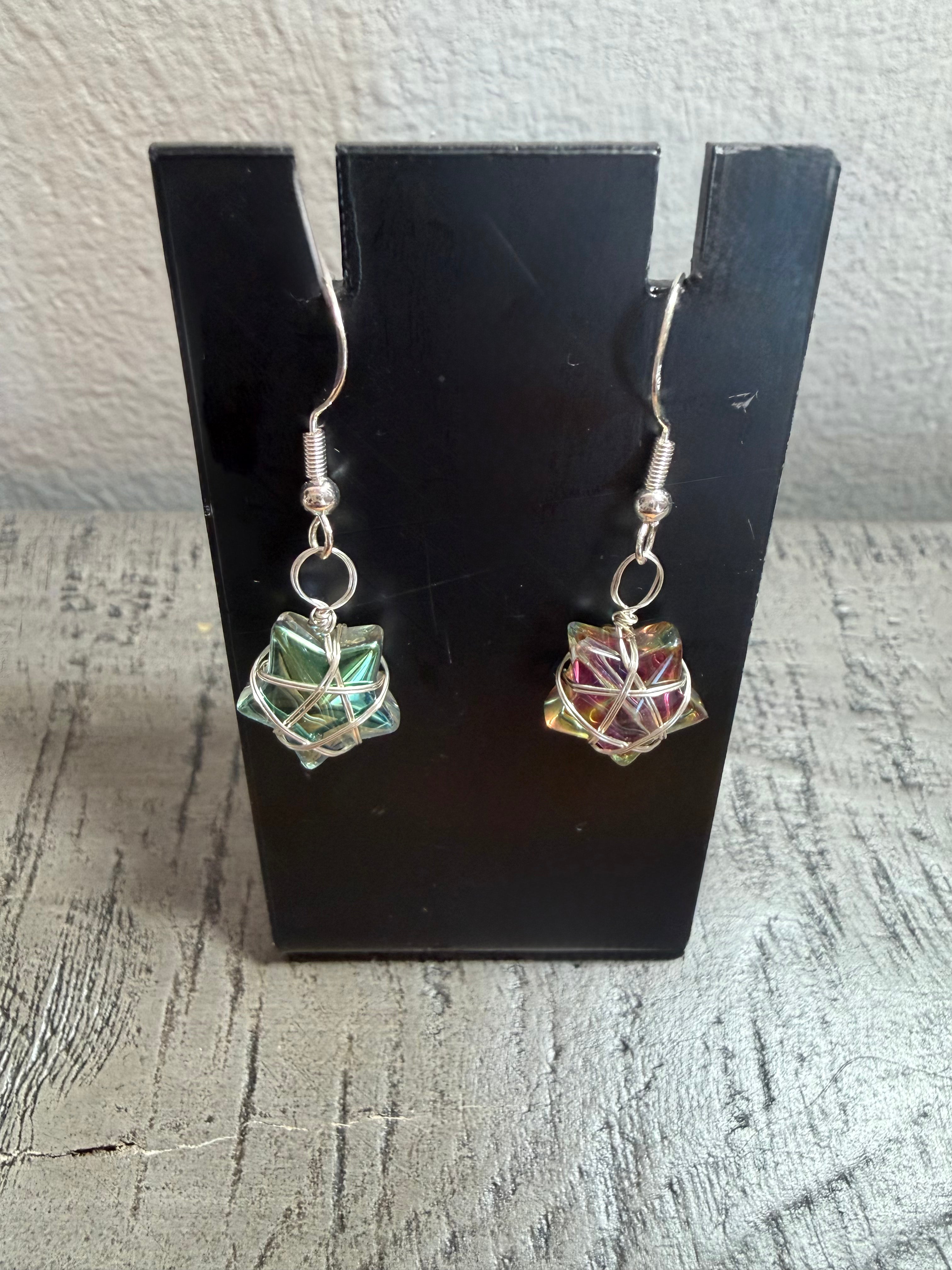 Green/Purple Iridescent Silver Wrapped Earrings