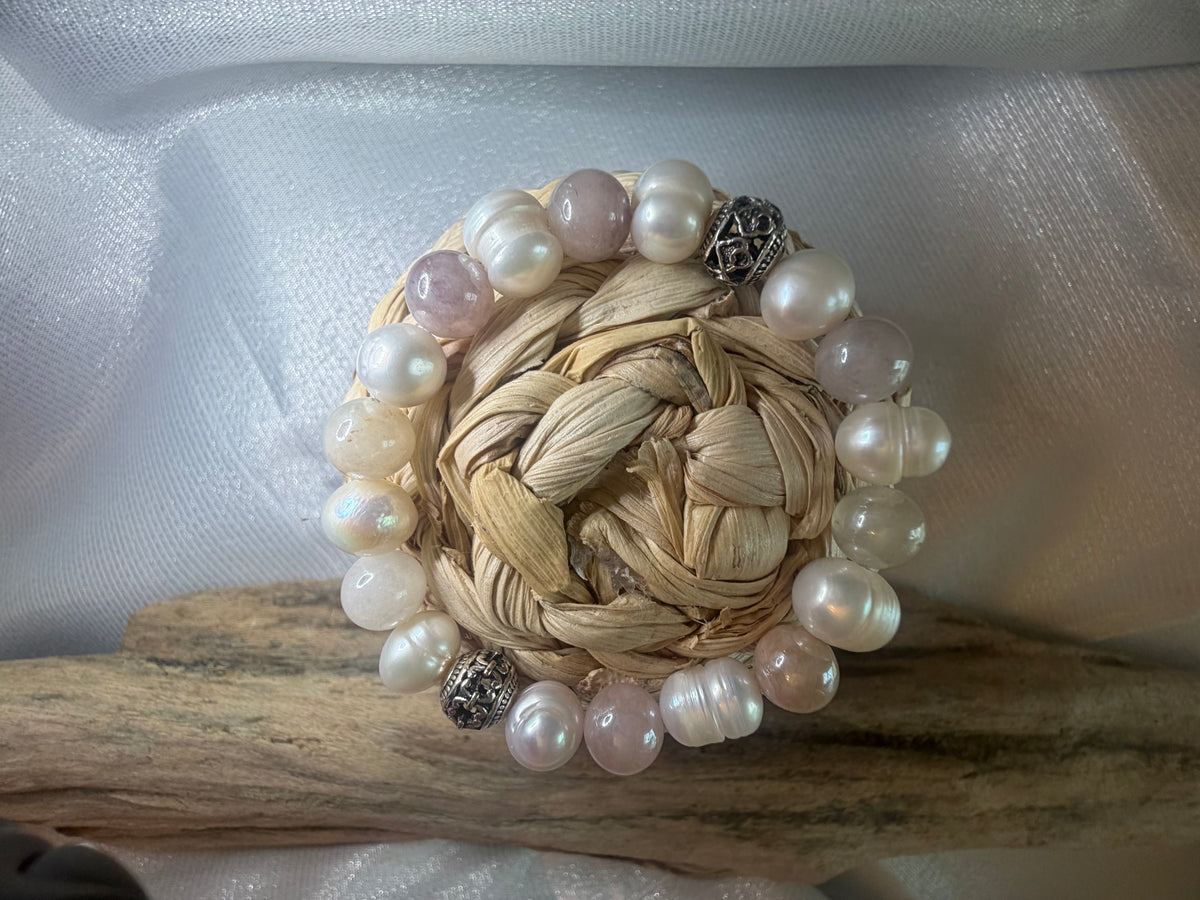 Freshwater Pearls with Sandstone and Tibetan Silver Beads
