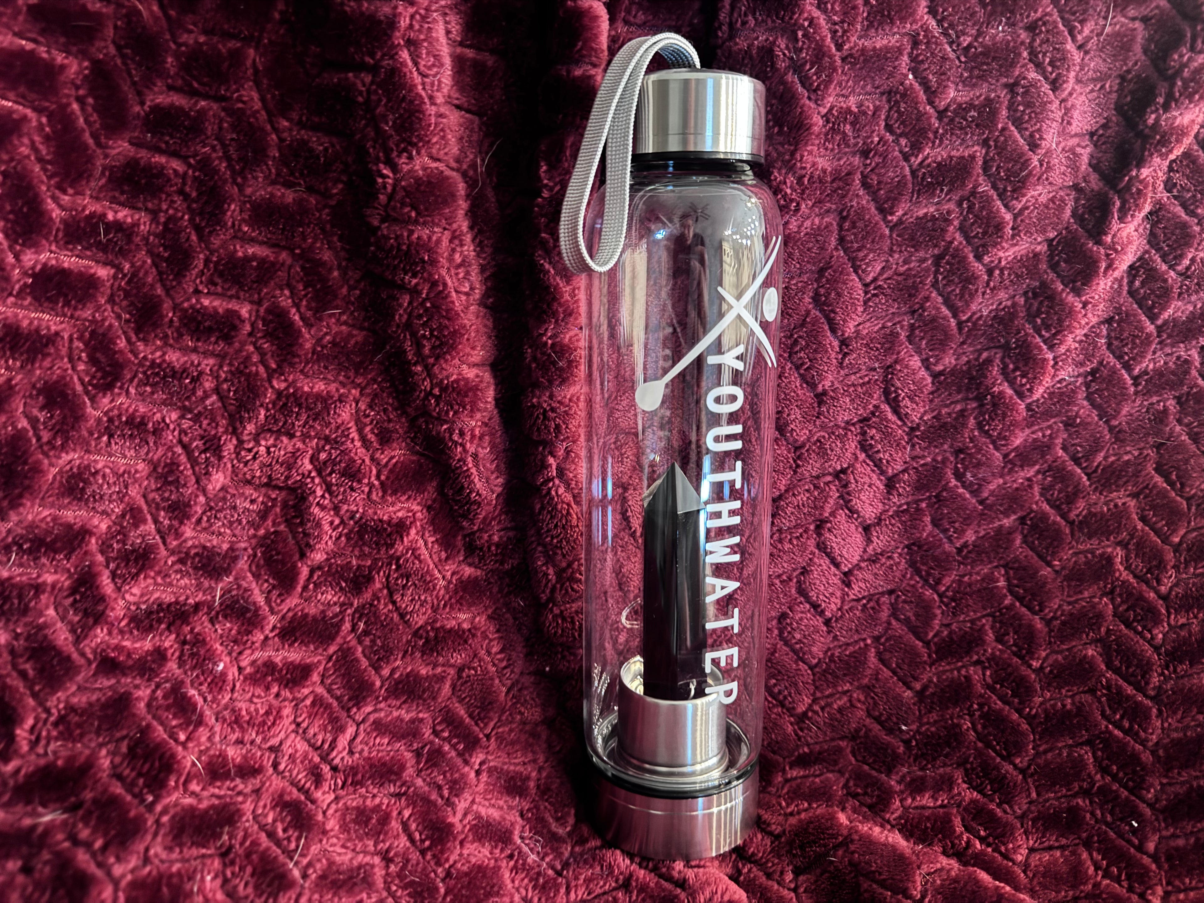 Glass Water Bottle - Featuring Natural Volcanic Glass (Obsidian)