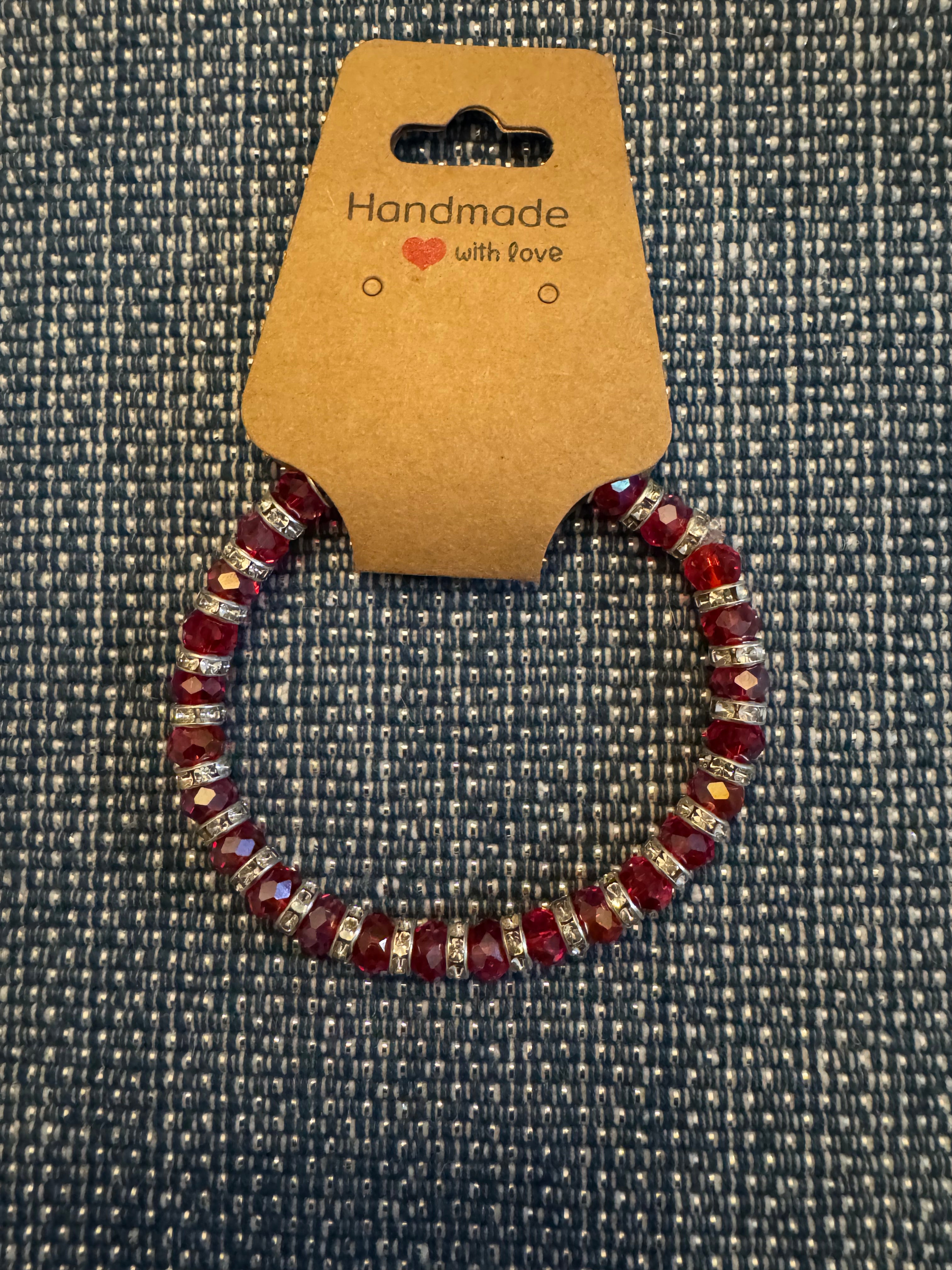 Bracelet with Red Glass Beads with Silver Rhinestone Spacers