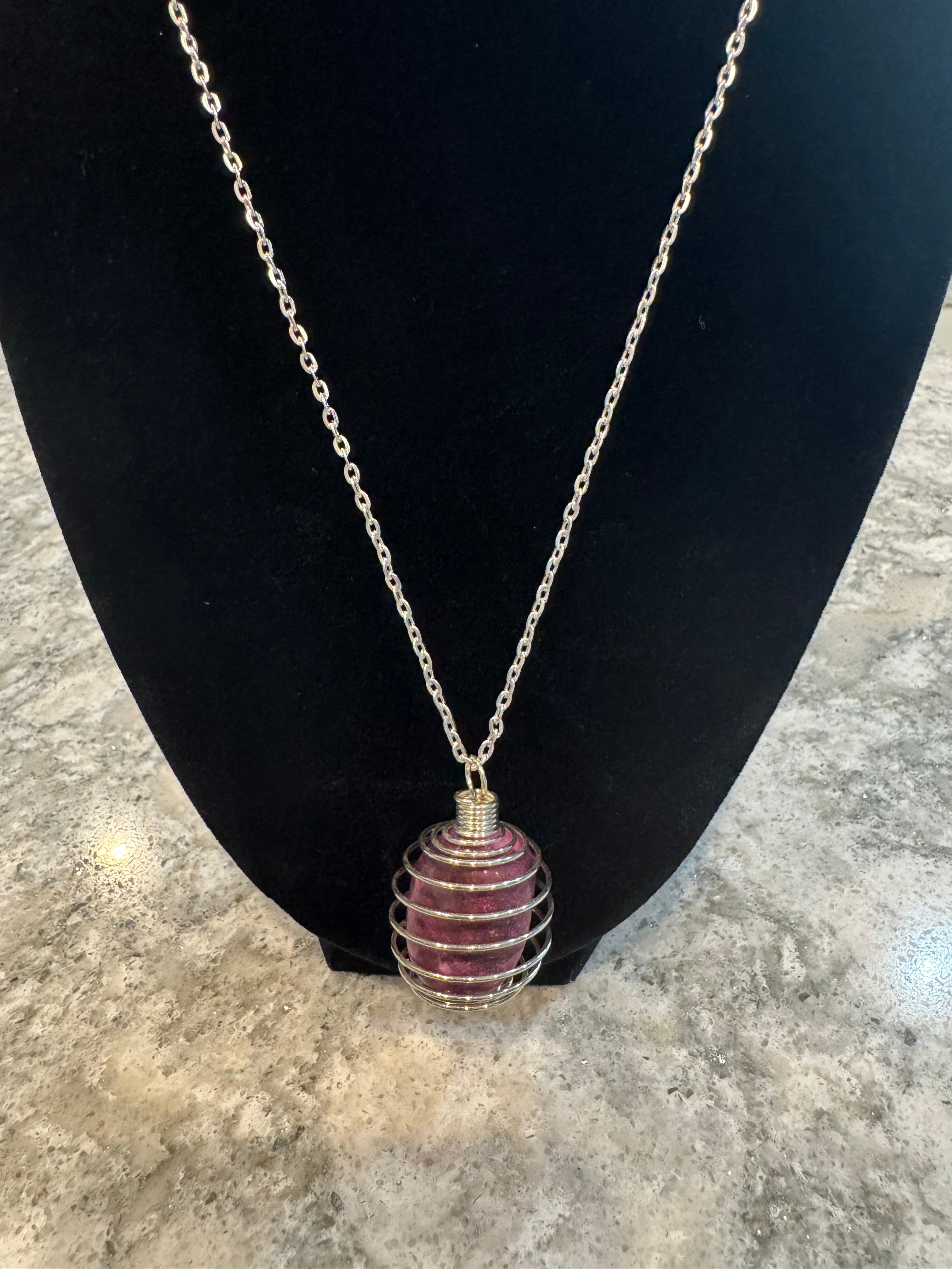 Silver Chain with Cage with Dragon Vein Gemstones