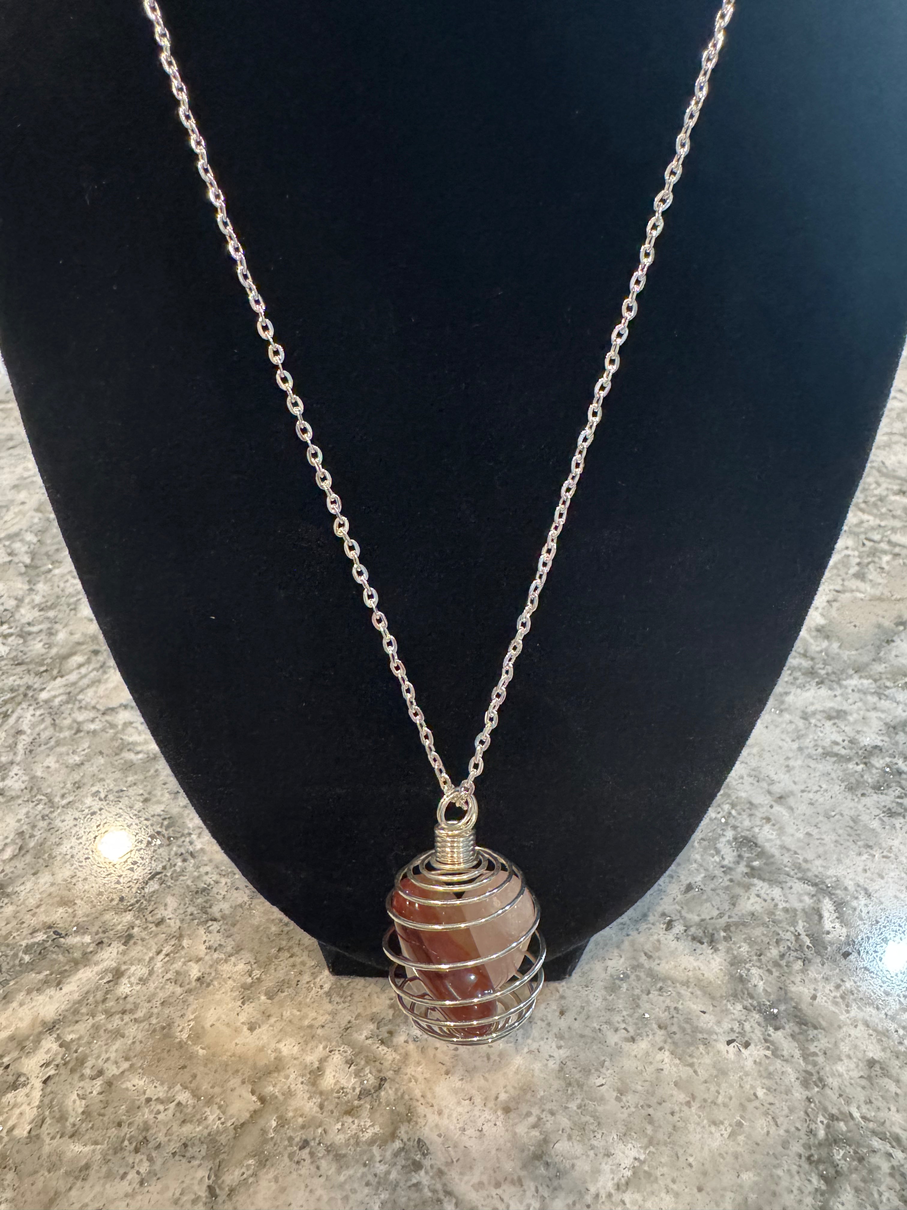 Silver Necklace with Silver Cage with Carnelian Agate and soothing Rose Quartz Gemstones