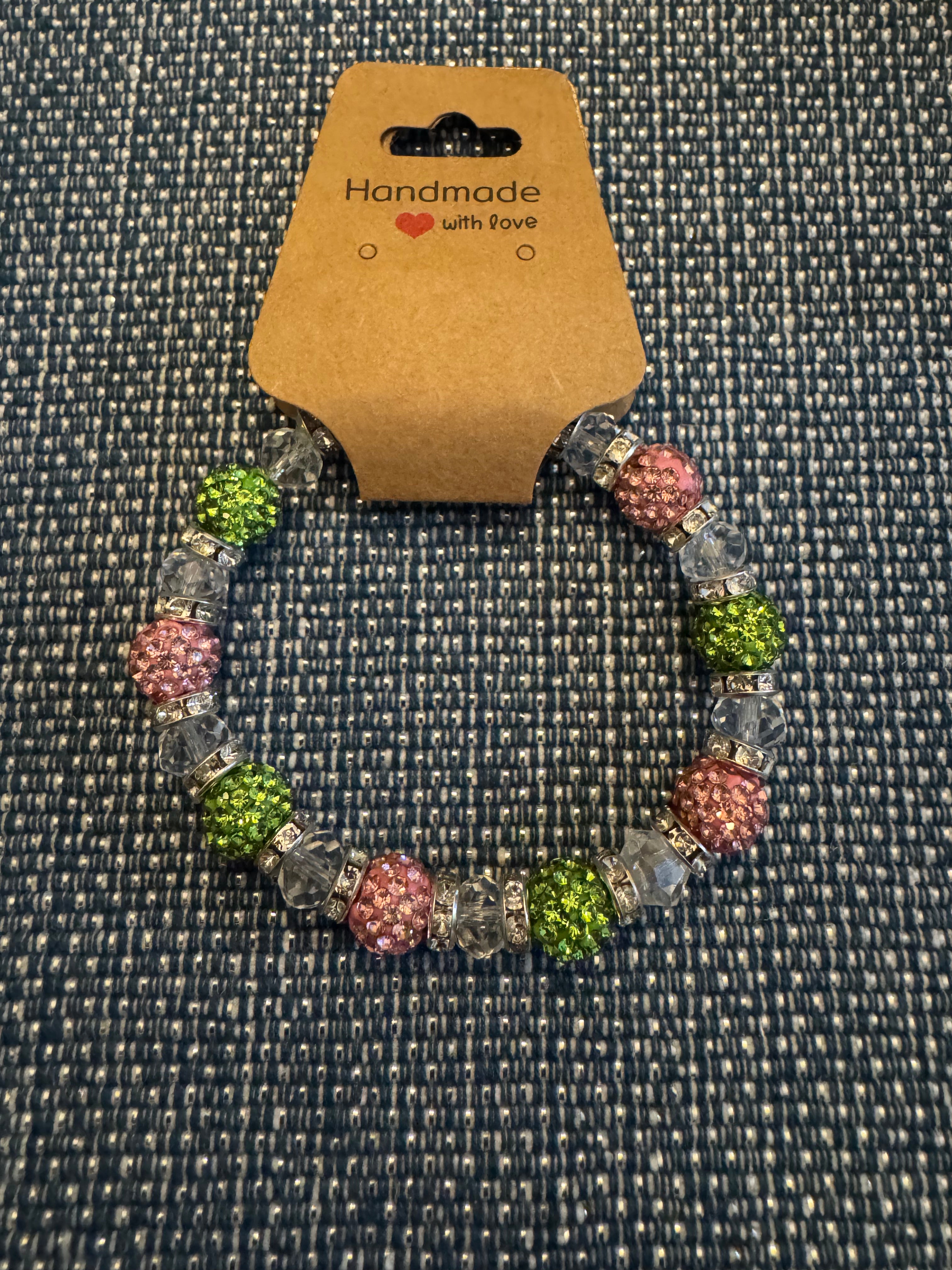 Pink and Green Clay Bead Bracelet