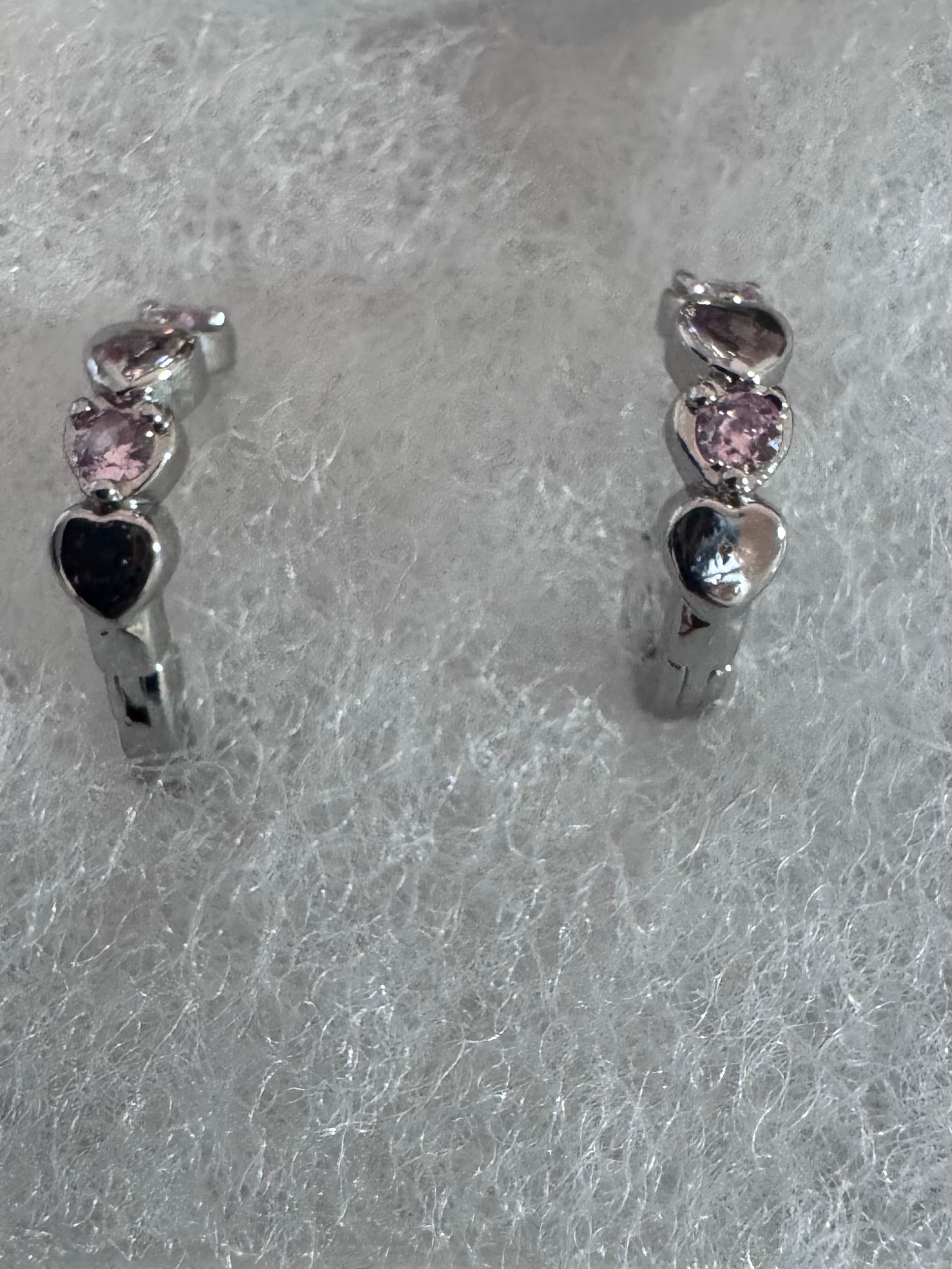 Silver and Pink Heart Huggie Earrings