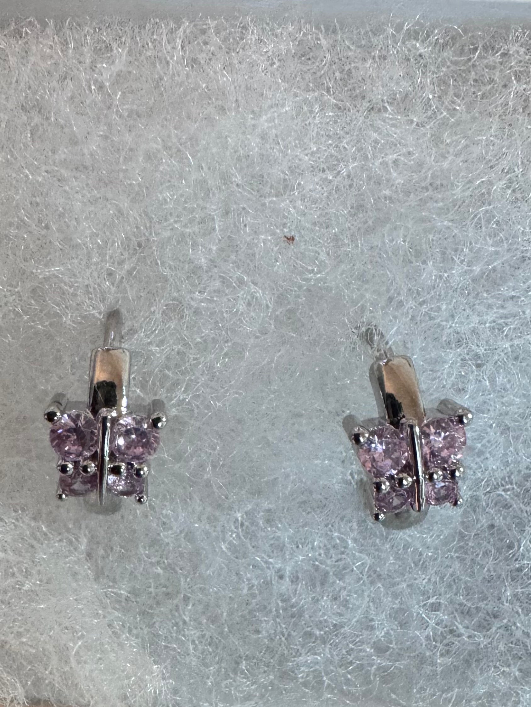 Silver Huggies with Pink Crystal Butterflies