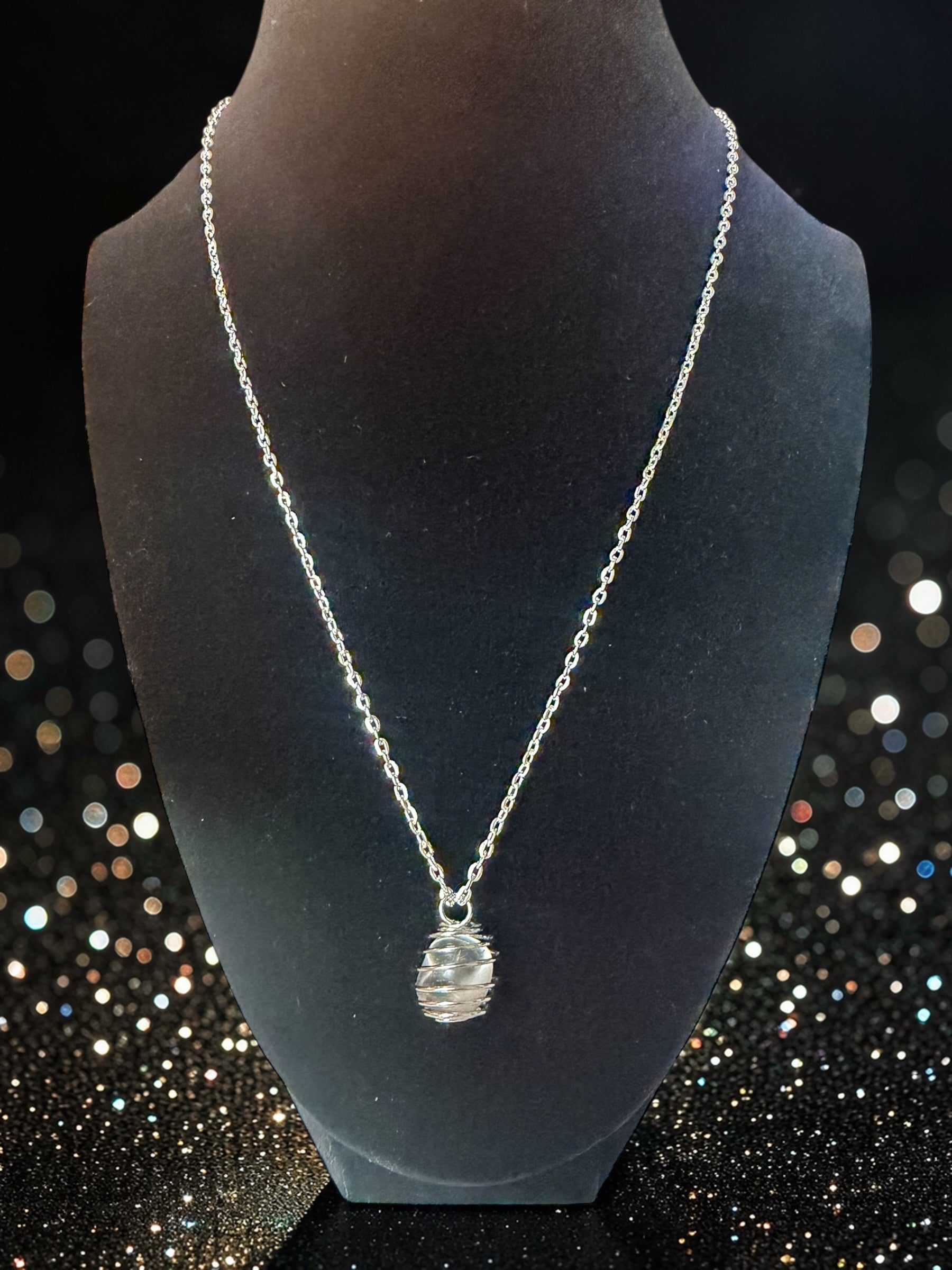 Silver Necklace With Caged Clear Quartz Gemstone