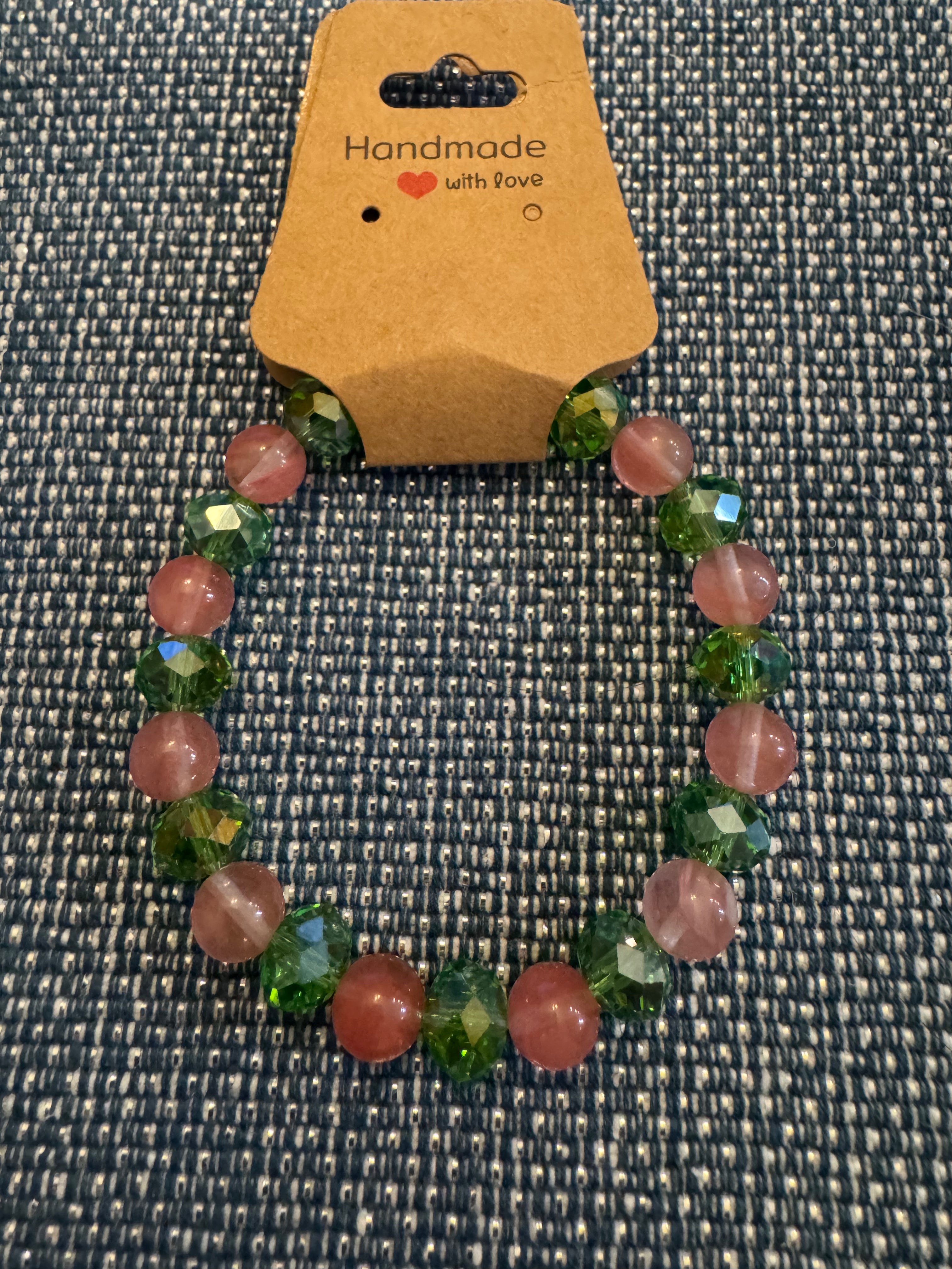 Pink Quartz and Green Glass Beads